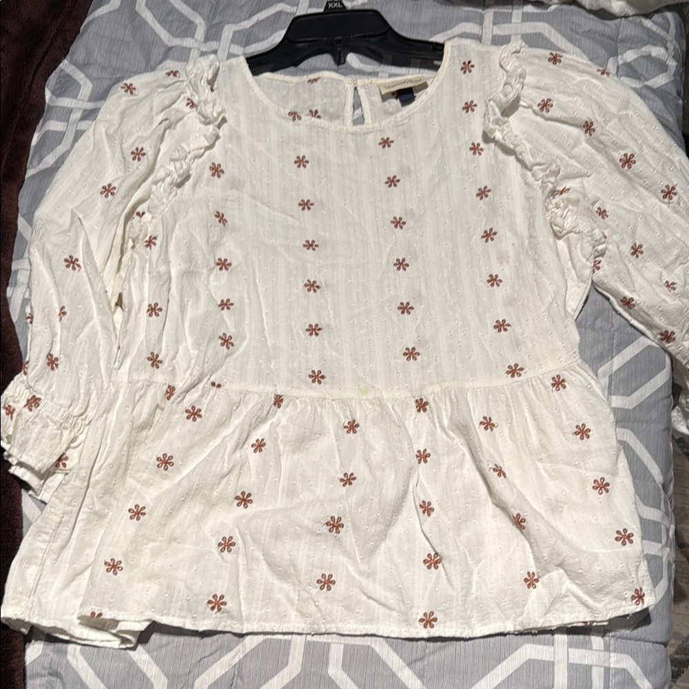 Universal Thread Cream Blouse with Brown Floral Embroidery